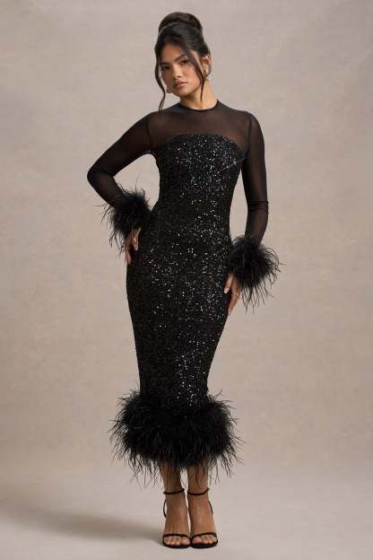 Sequin Splicing Feather Long Sleeve Midi Dress