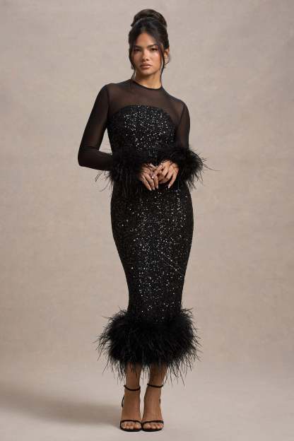 Sequin Splicing Feather Long Sleeve Midi Dress