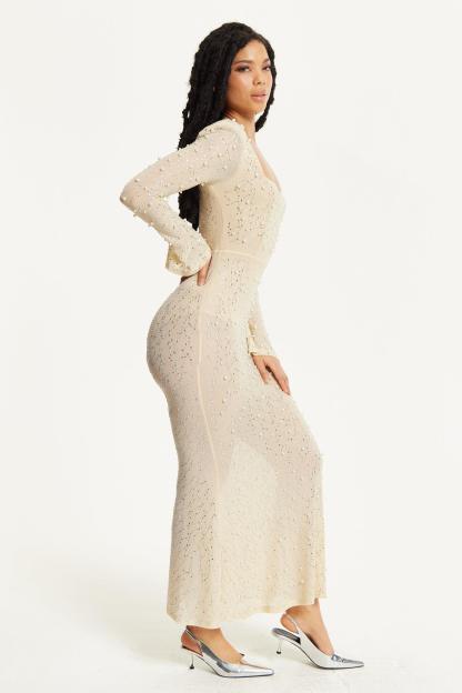Rhinestone Faux Pearl Rivet  Maxi Dress