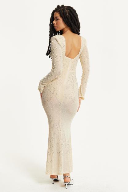 Rhinestone Faux Pearl Rivet  Maxi Dress