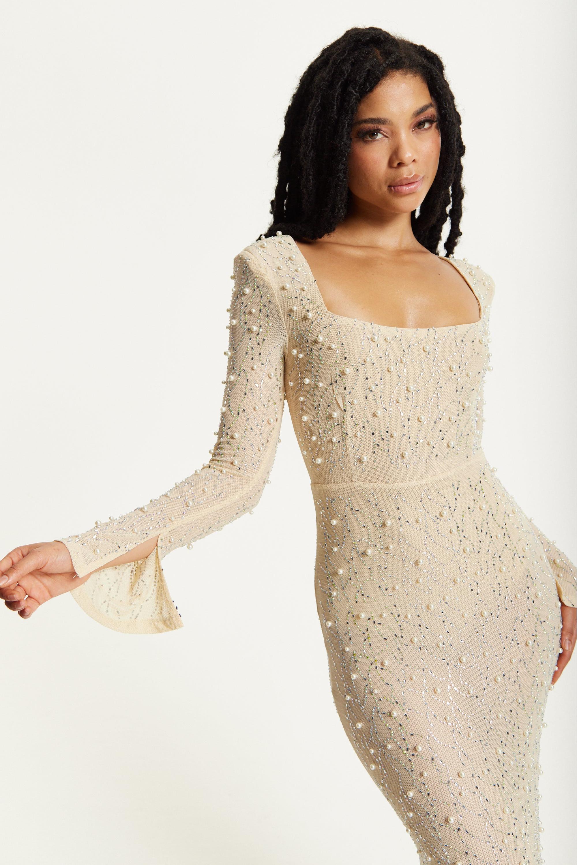 Rhinestone Faux Pearl Rivet  Maxi Dress