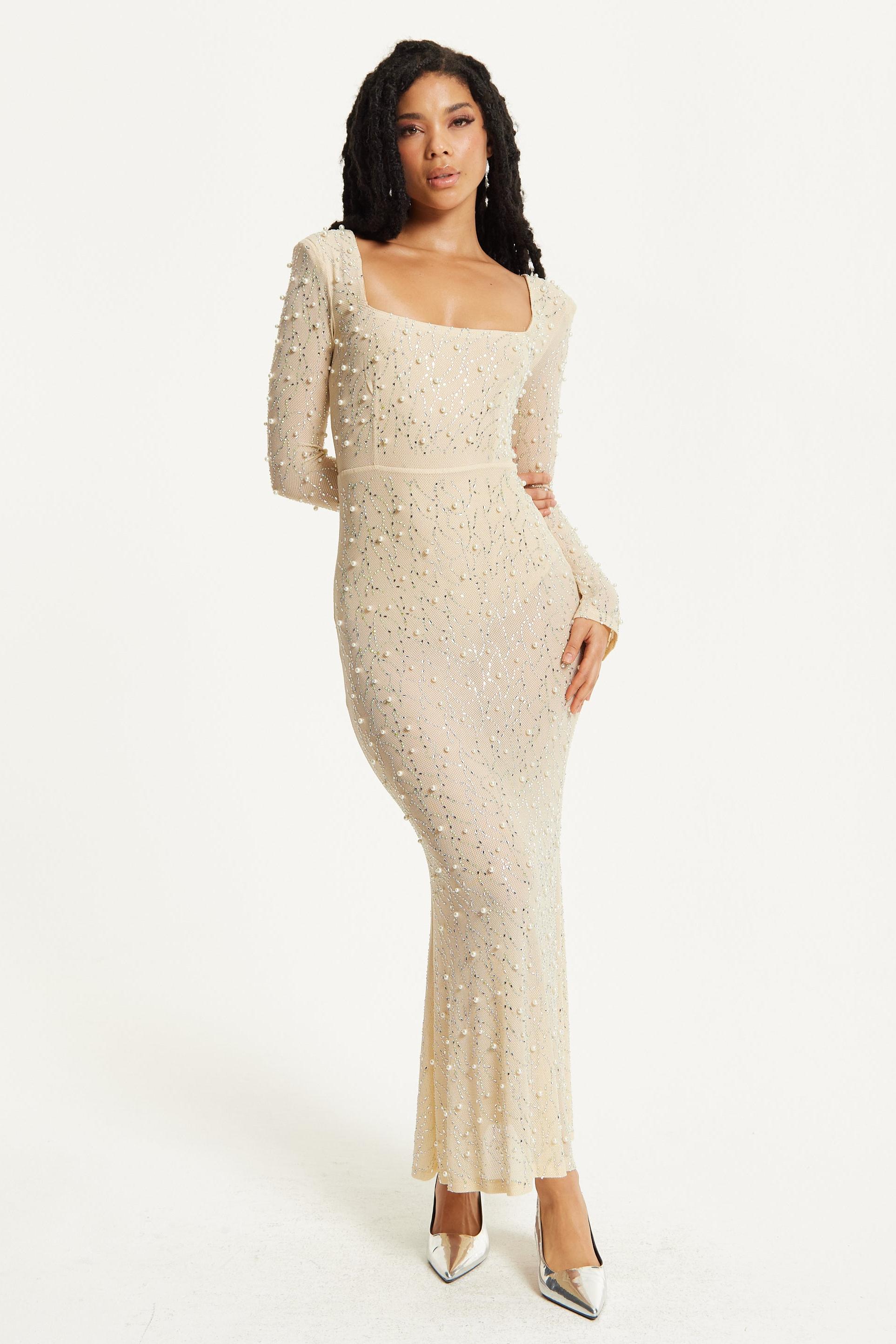 Rhinestone Faux Pearl Rivet  Maxi Dress
