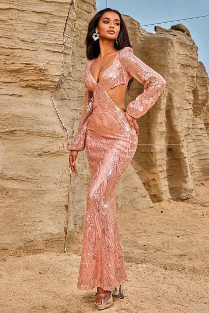 Sequin Cut-Out Long Sleeve Maxi Dress