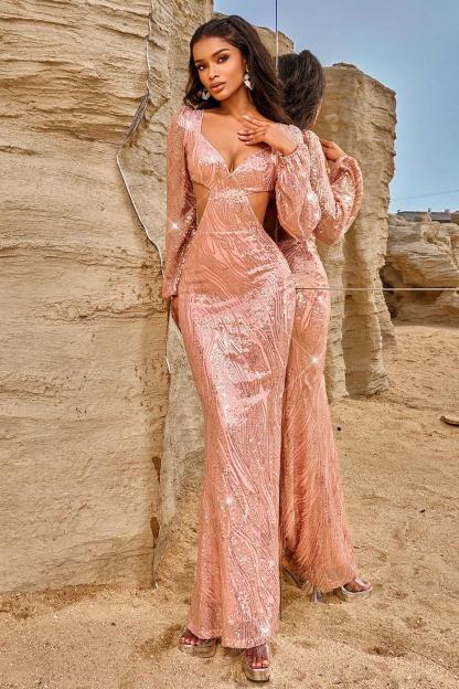Sequin Cut-Out Long Sleeve Maxi Dress