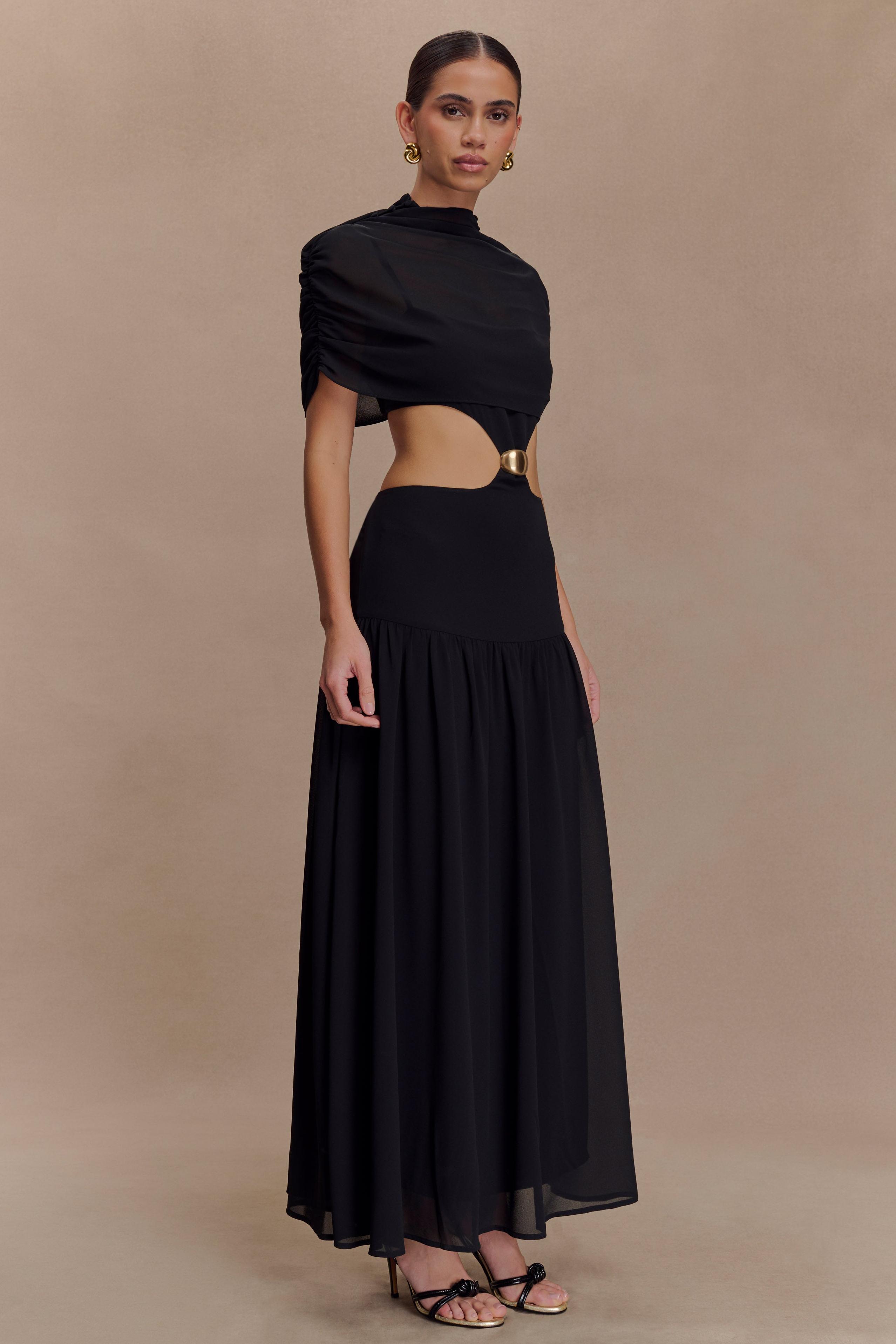 Chiffon Metal Decoration Cut-Out Maxi Dress With Cape