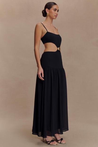Chiffon Metal Decoration Cut-Out Maxi Dress With Cape