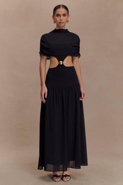 Chiffon Metal Decoration Cut-Out Maxi Dress With Cape