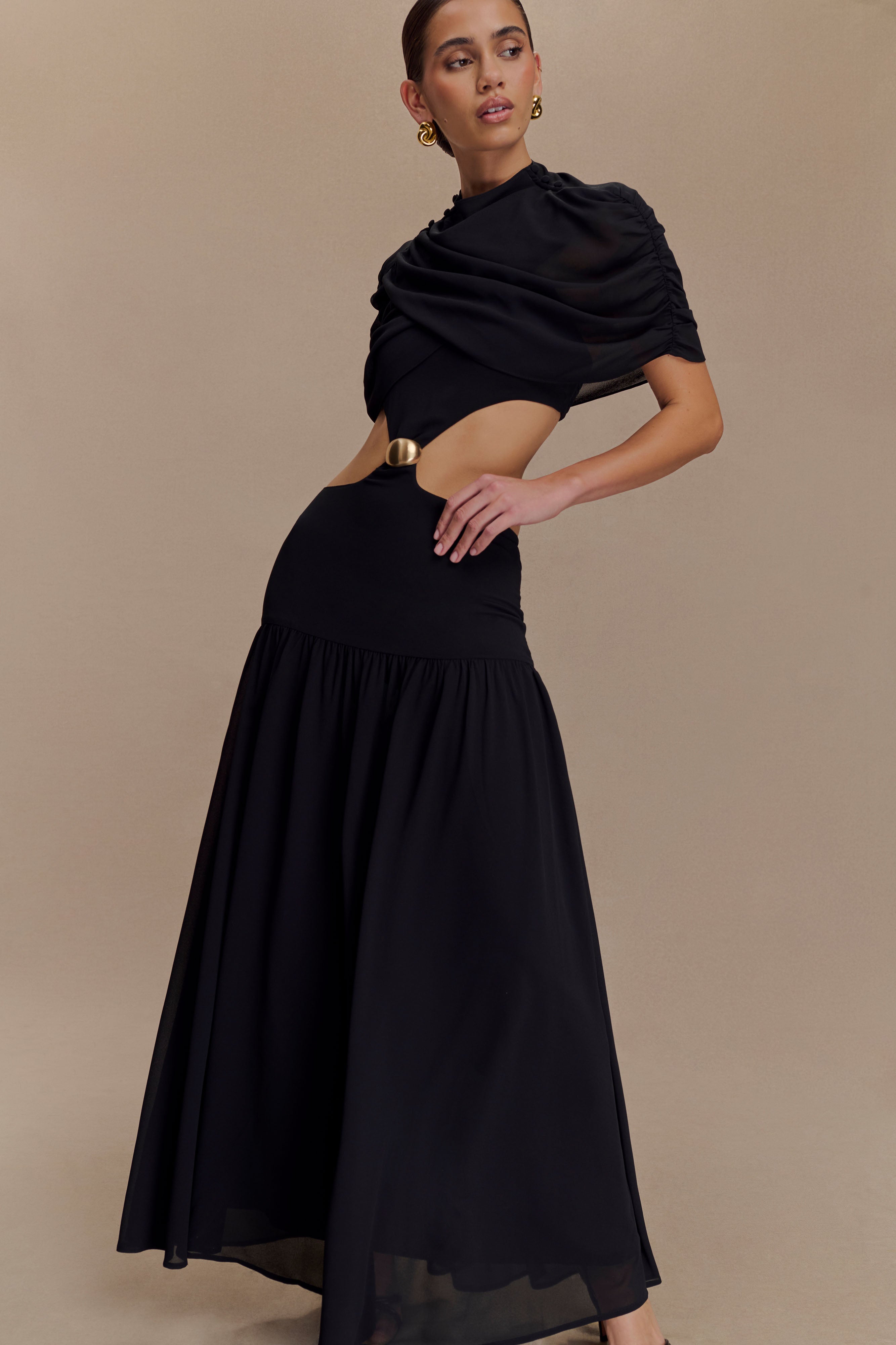 Chiffon Metal Decoration Cut-Out Maxi Dress With Cape