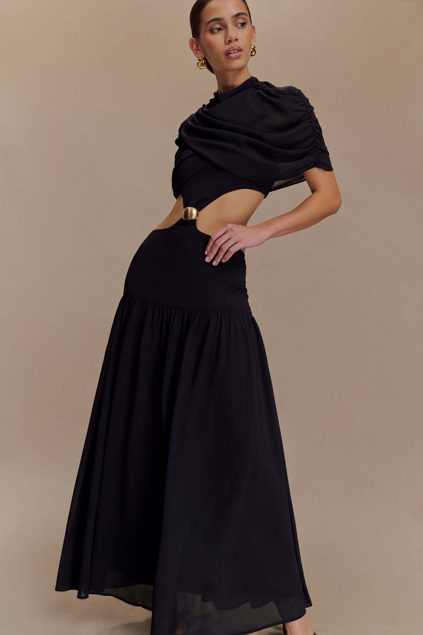 Chiffon Metal Decoration Cut-Out Maxi Dress With Cape