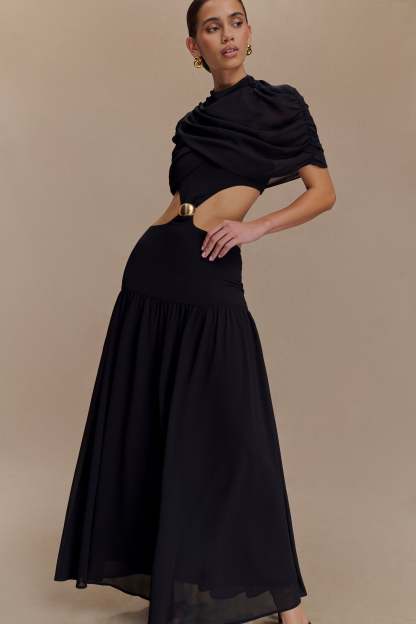 Chiffon Metal Decoration Cut-Out Maxi Dress With Cape
