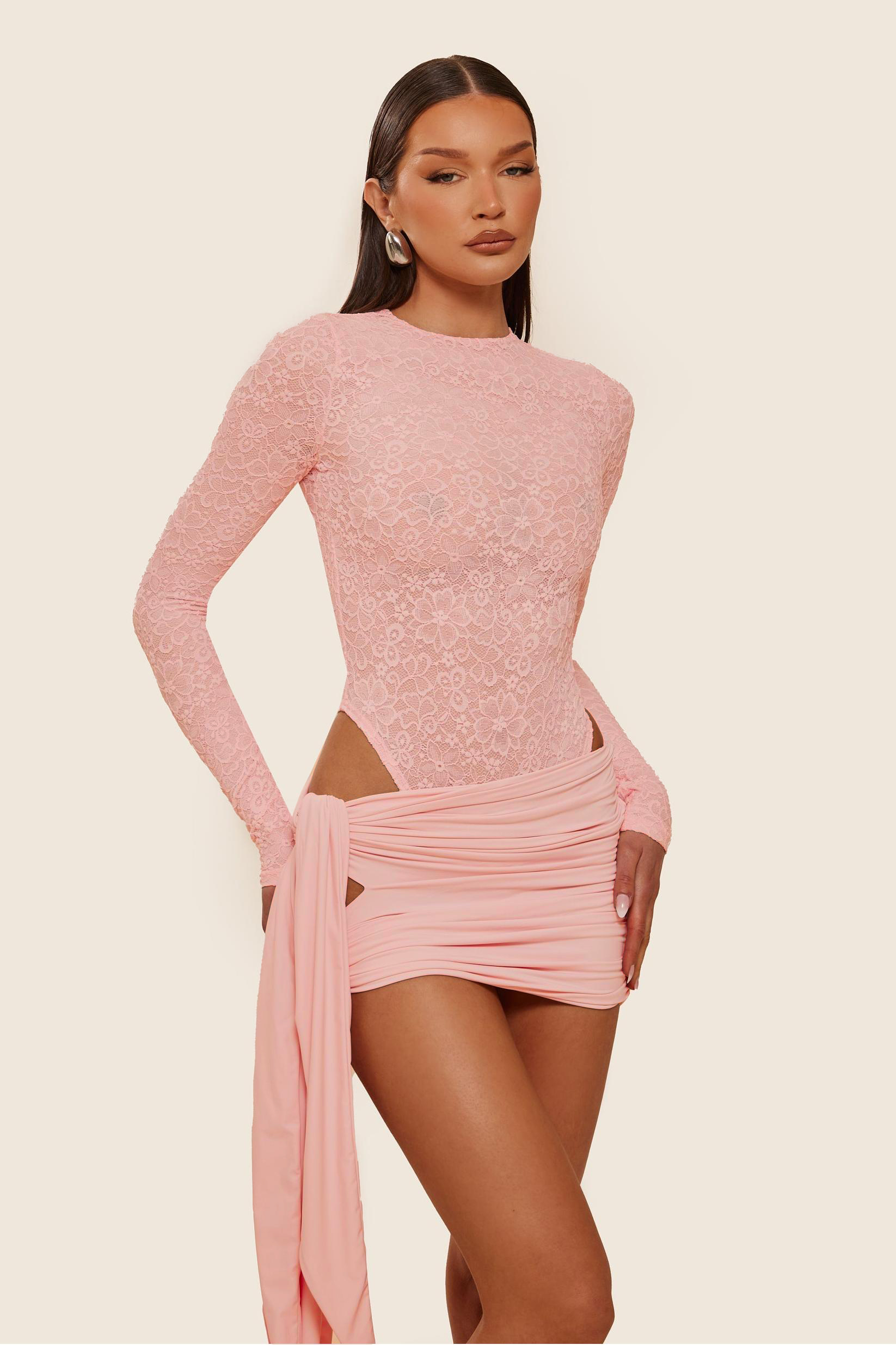 Lace Long Sleeve Bodysuit & Ruched Lace-Up Mini Skirt Set