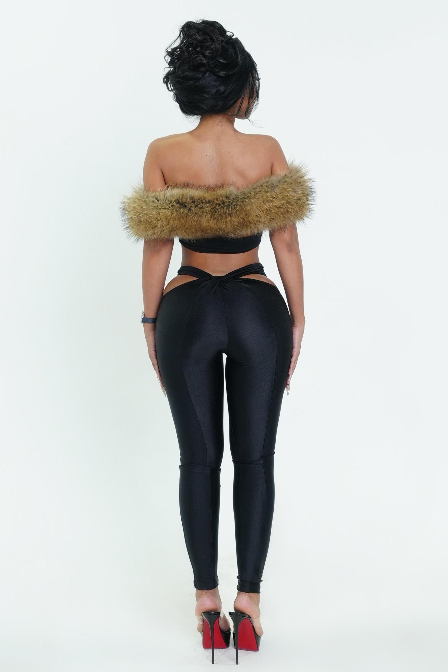 Faux Fur Off-Shoulder Top & Solid Cut-Out Pants Set