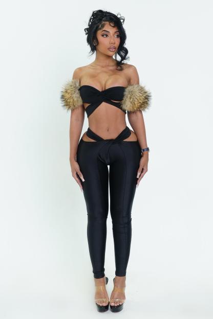 Faux Fur Off-Shoulder Top & Solid Cut-Out Pants Set
