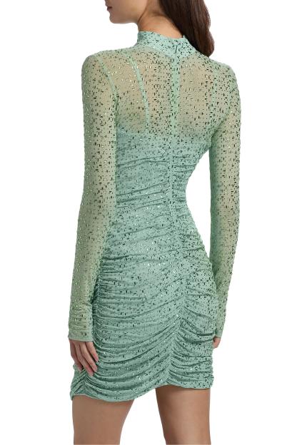 Rhinestone Long Sleeve Gathering Mini Dress