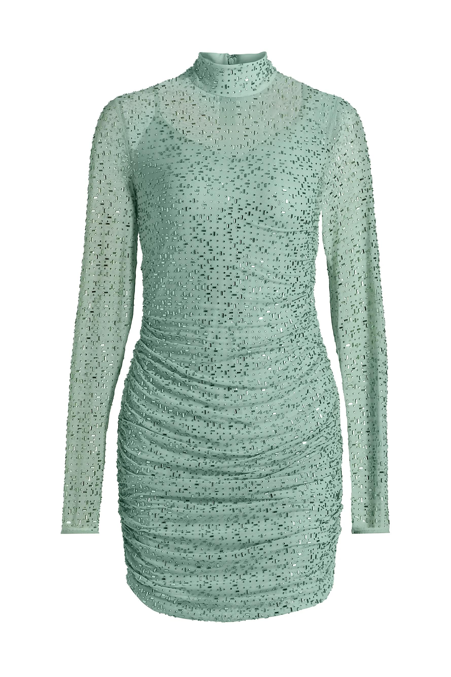 Rhinestone Long Sleeve Gathering Mini Dress