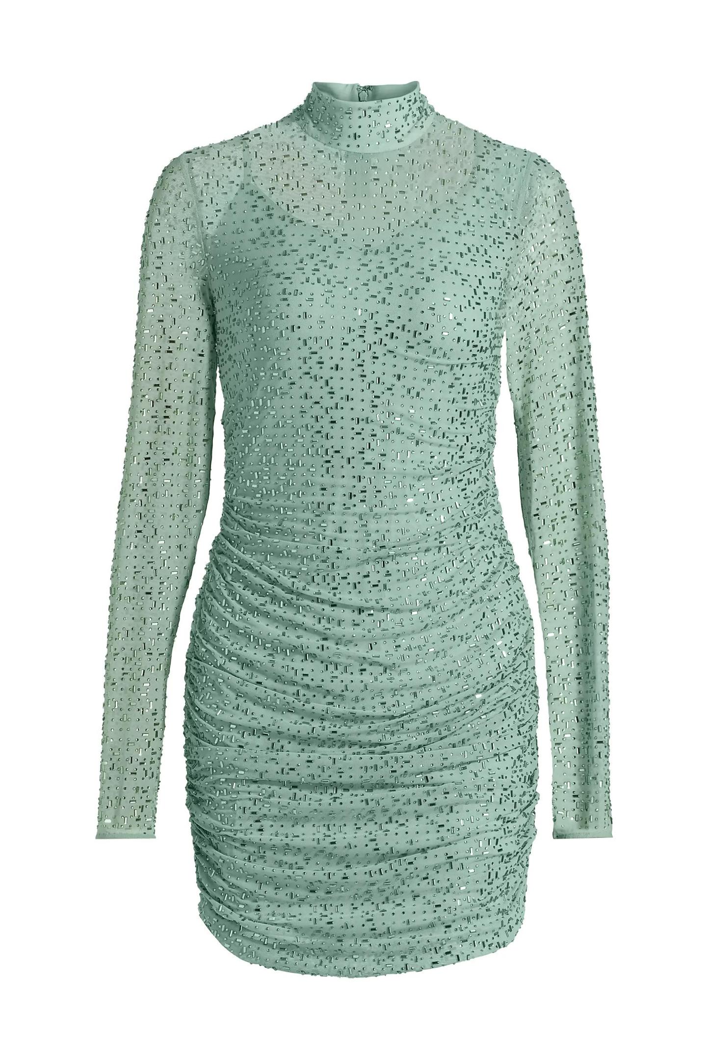 Rhinestone Long Sleeve Gathering Mini Dress