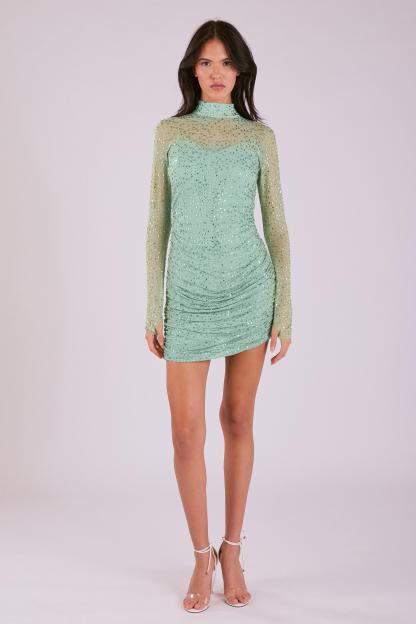 Rhinestone Long Sleeve Gathering Mini Dress