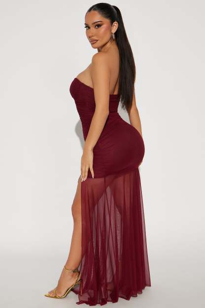 Mesh Off-Shoulder Ruched Slit Maxi Dress