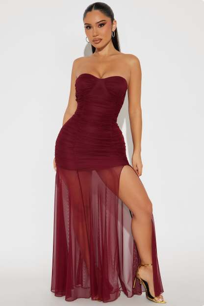 Mesh Off-Shoulder Ruched Slit Maxi Dress
