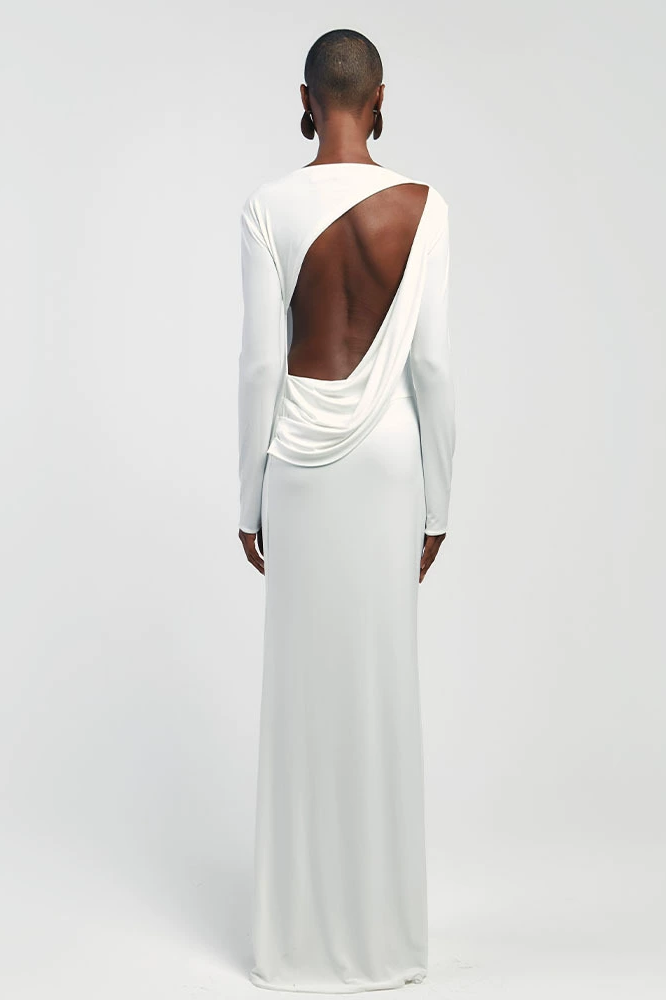 Solid Long Sleeve Backless Maxi Dress