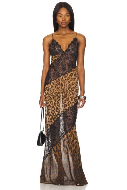 Leopard Print Splicing Lace Sleeveless Maxi Dress