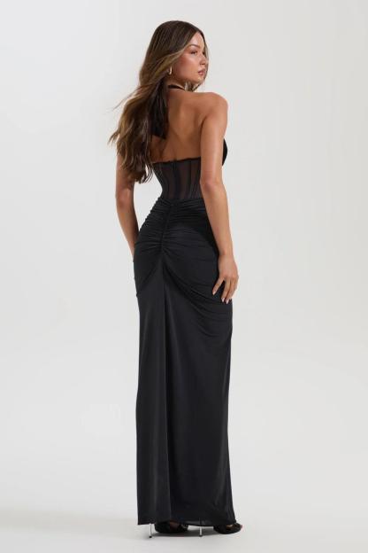 Halter Neck Mesh Corset Ruched Maxi Dress