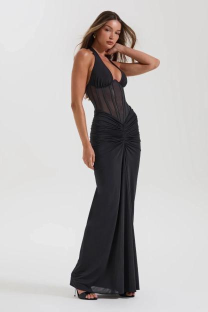 Halter Neck Mesh Corset Ruched Maxi Dress