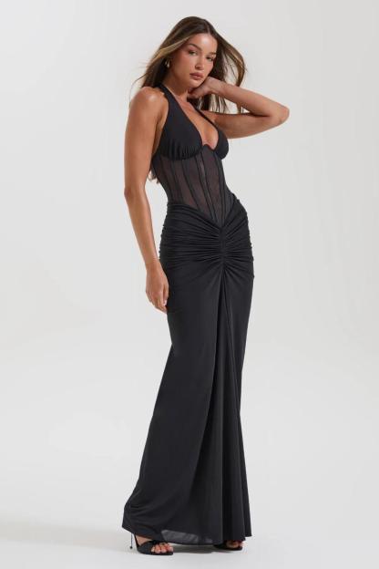 Halter Neck Mesh Corset Ruched Maxi Dress