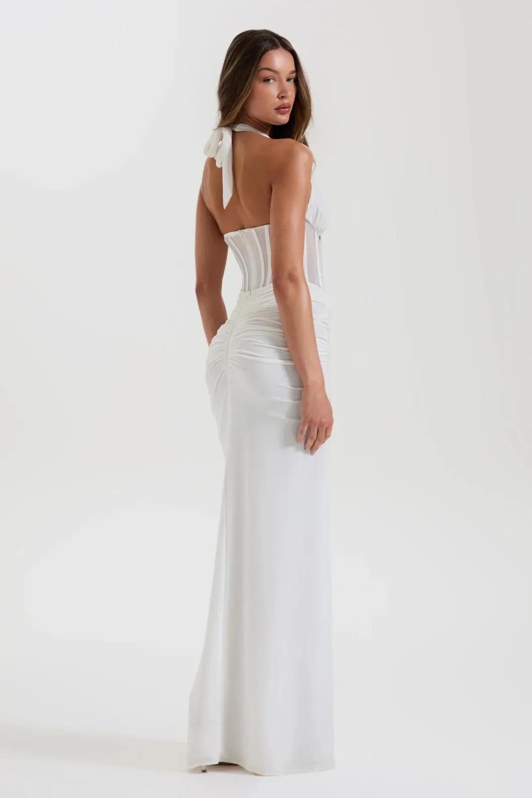 Halter Neck Mesh Corset Ruched Maxi Dress
