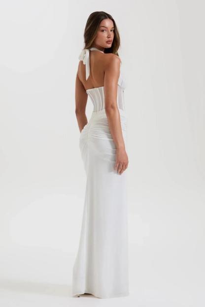Halter Neck Mesh Corset Ruched Maxi Dress