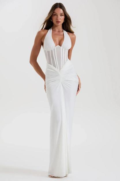 Halter Neck Mesh Corset Ruched Maxi Dress