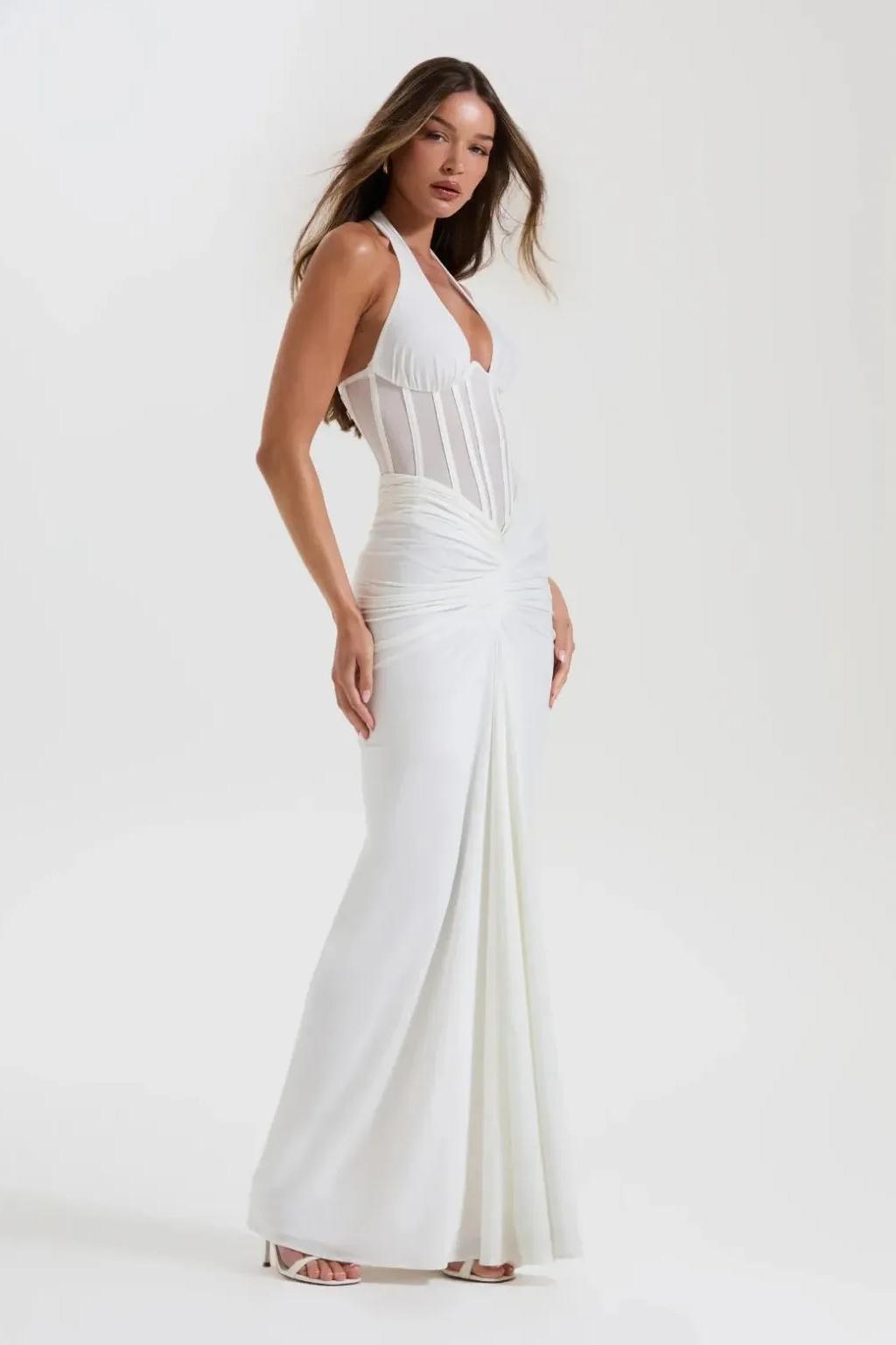 Halter Neck Mesh Corset Ruched Maxi Dress