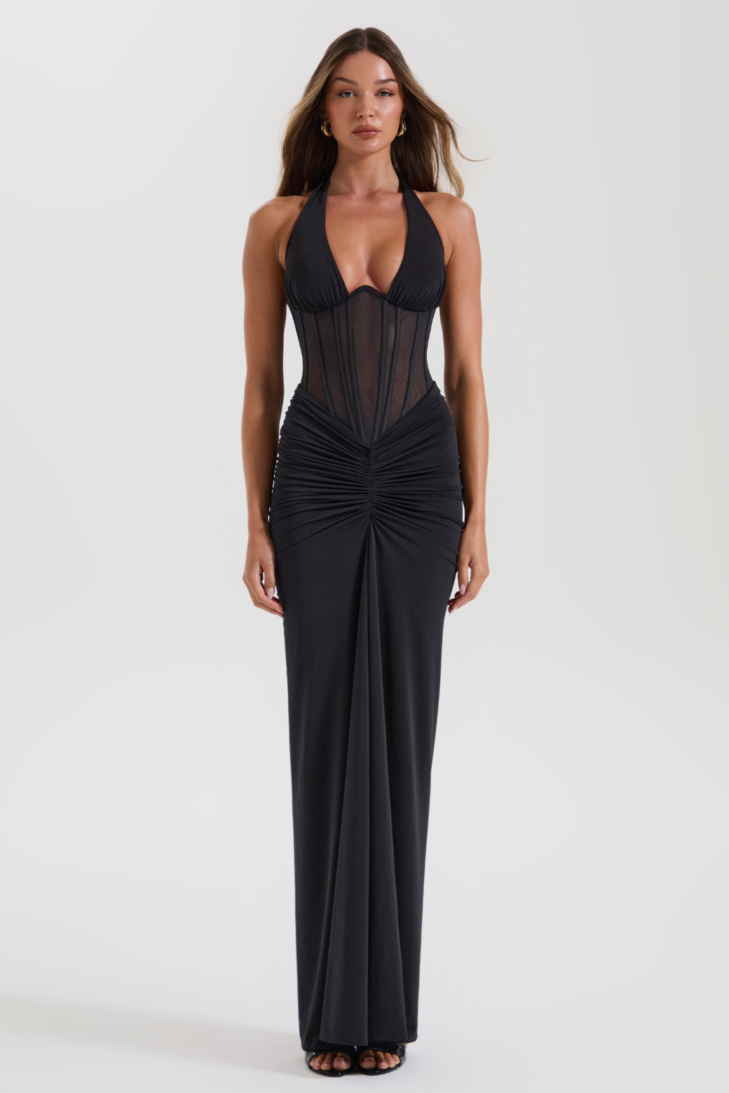 Halter Neck Mesh Corset Ruched Maxi Dress