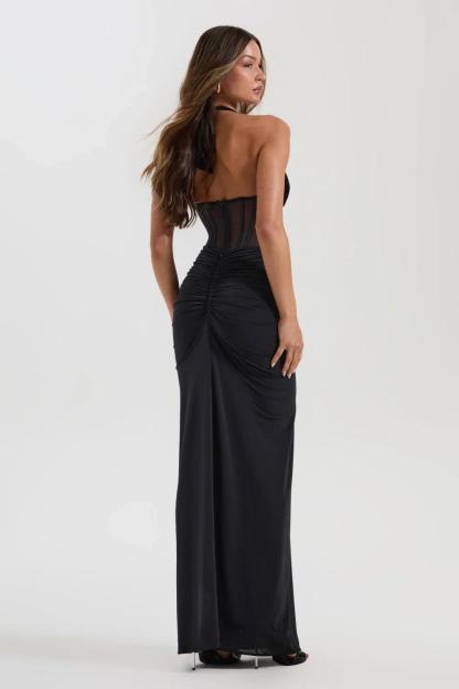 Halter Neck Mesh Corset Ruched Maxi Dress