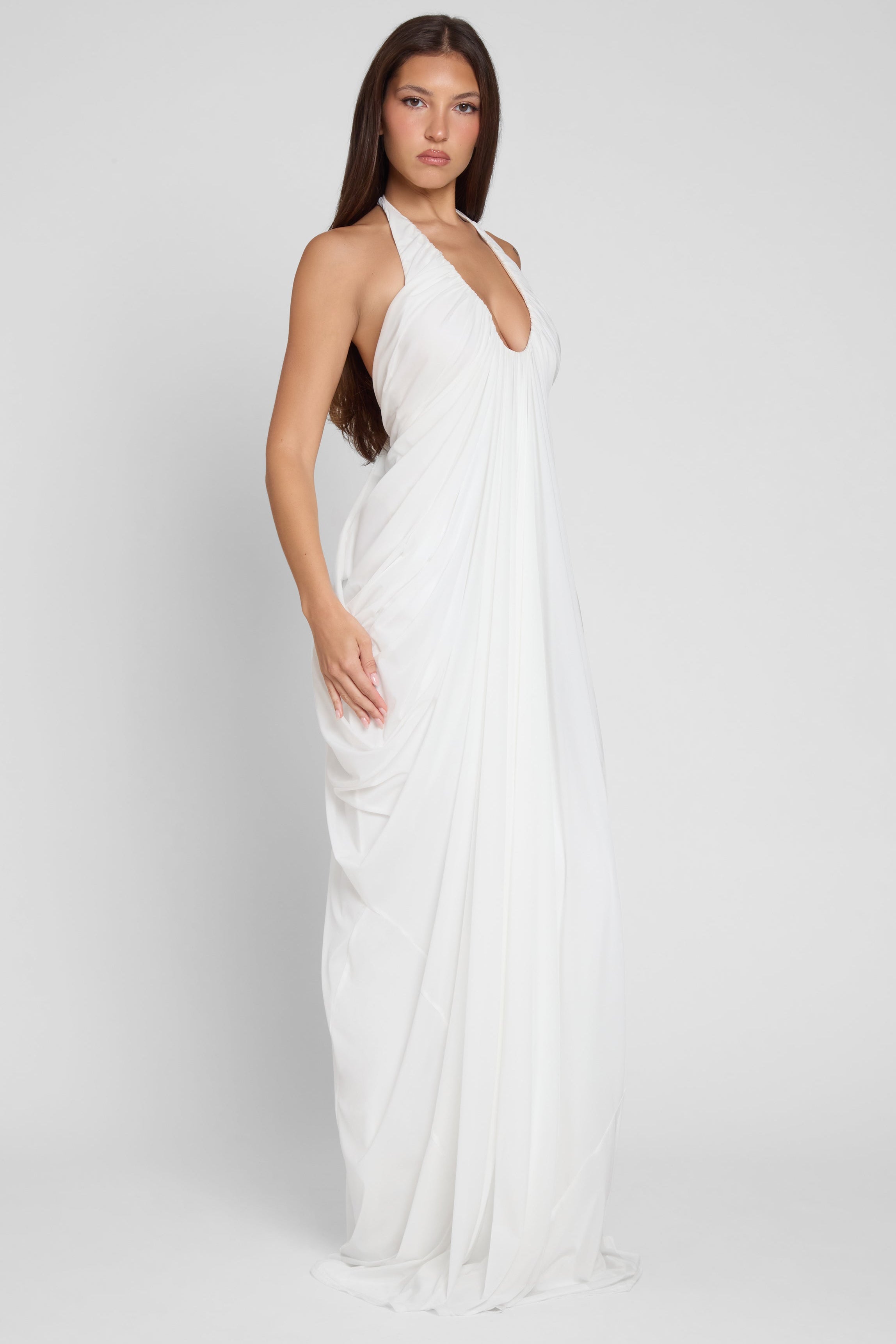 Solid Mesh Halter Neck Gathering Maxi Dress