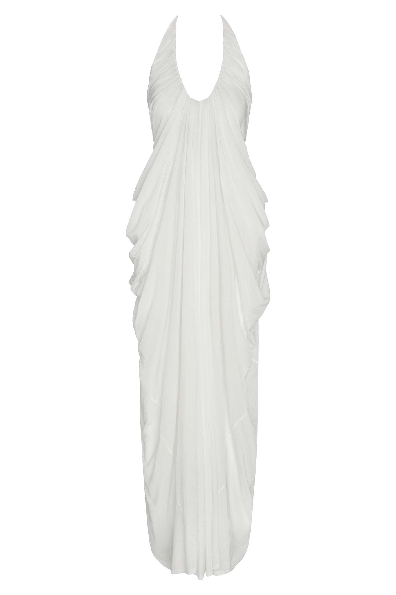 Solid Mesh Halter Neck Gathering Maxi Dress