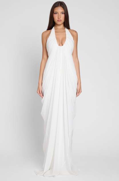 Solid Mesh Halter Neck Gathering Maxi Dress