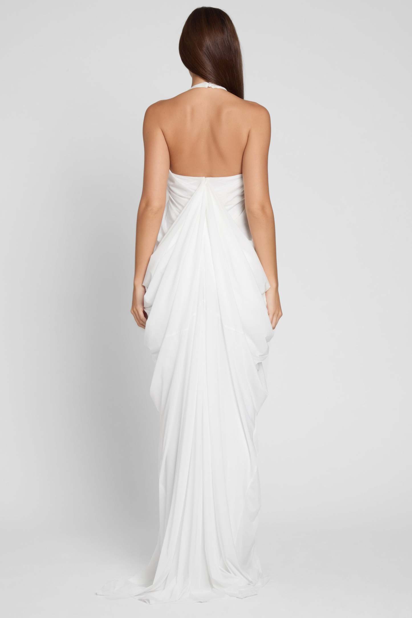 Solid Mesh Halter Neck Gathering Maxi Dress