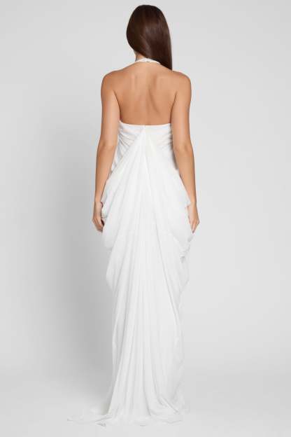 Solid Mesh Halter Neck Gathering Maxi Dress