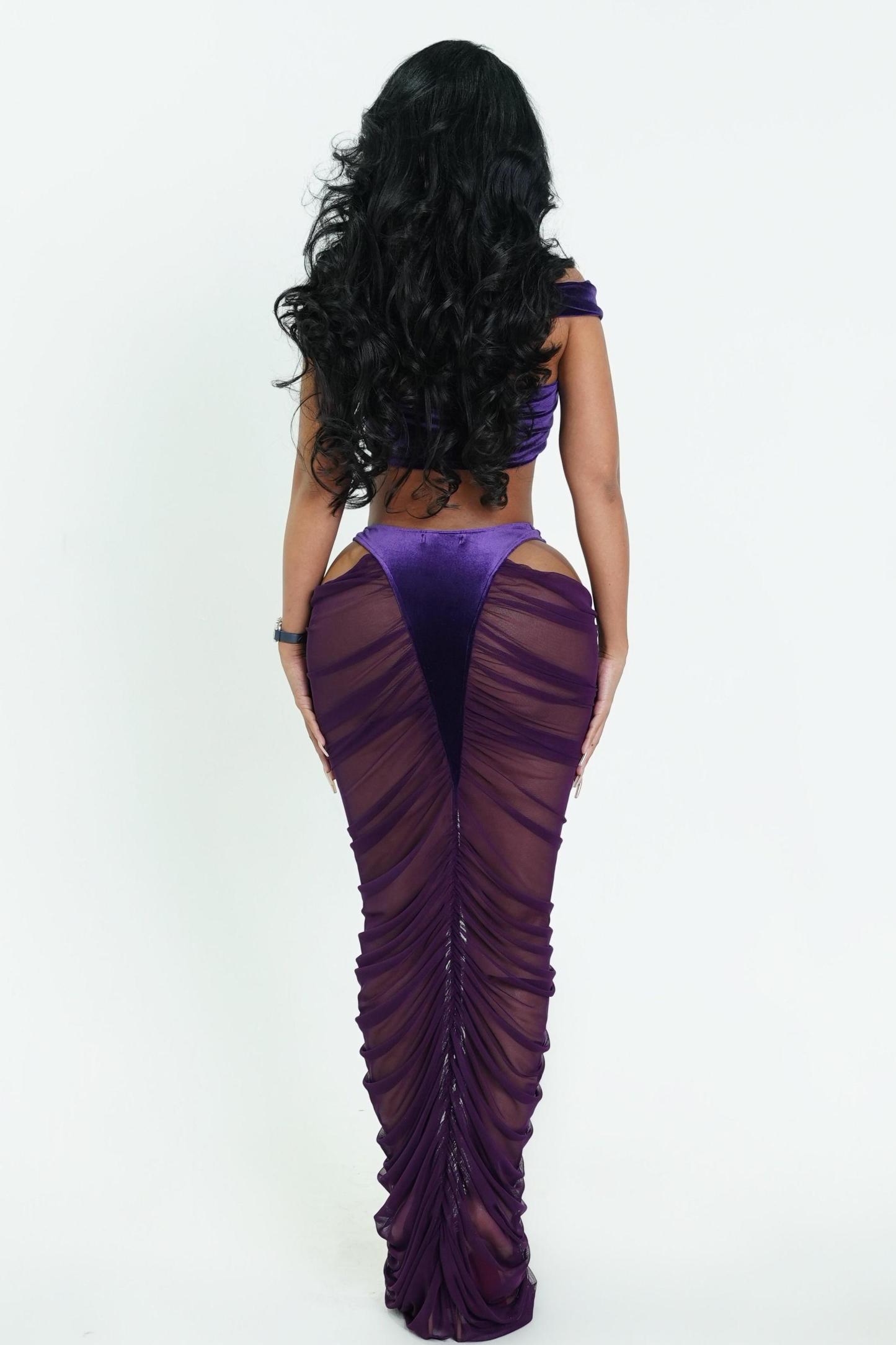 Knotted Cut-Out Top & Mesh Splicing Velvet Maxi Skirt Set