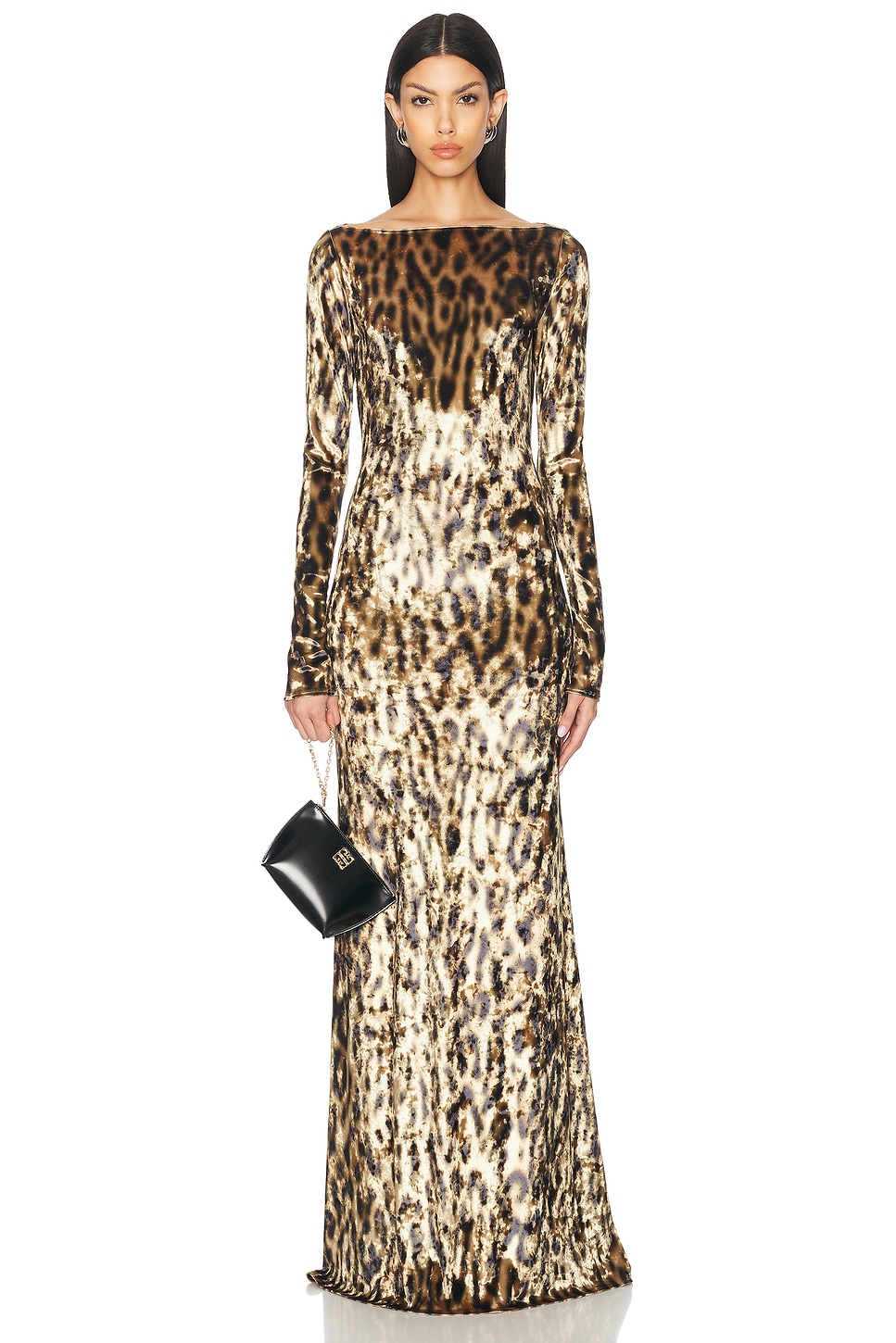 Velvet Leopard Print Boat Neck Maxi Dress