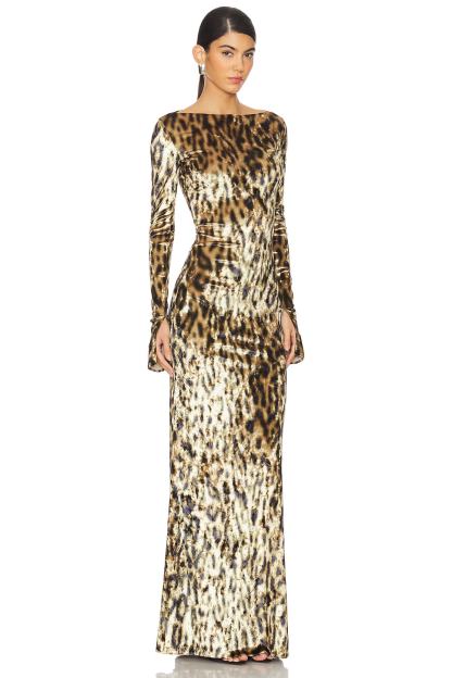 Velvet Leopard Print Boat Neck Maxi Dress
