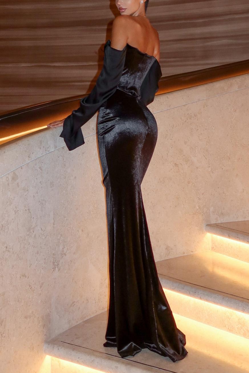 Off-Shoulder Velvet Long Sleeve Maxi Dress