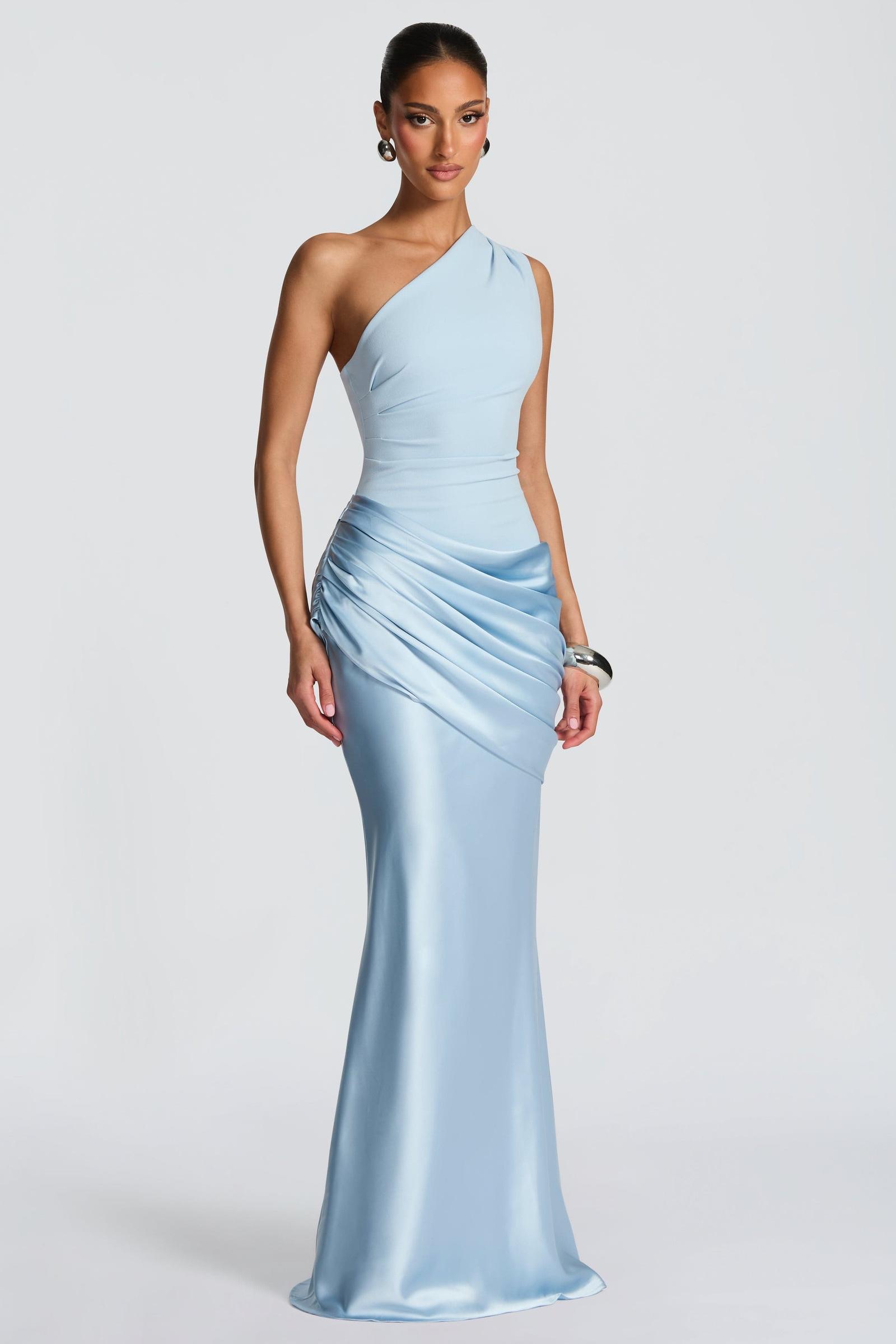 Satin Sleeveless One-Shoulder Maxi Dress