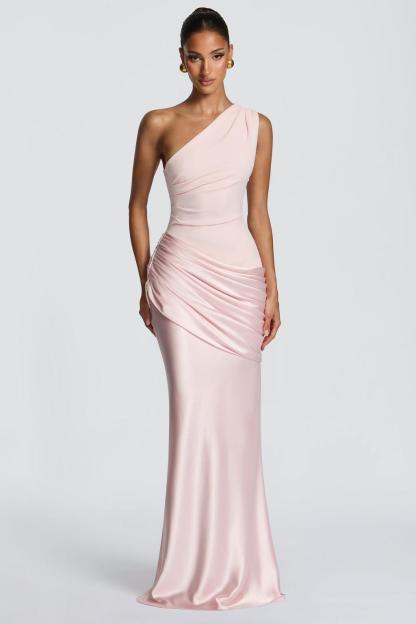 Satin Sleeveless One-Shoulder Maxi Dress