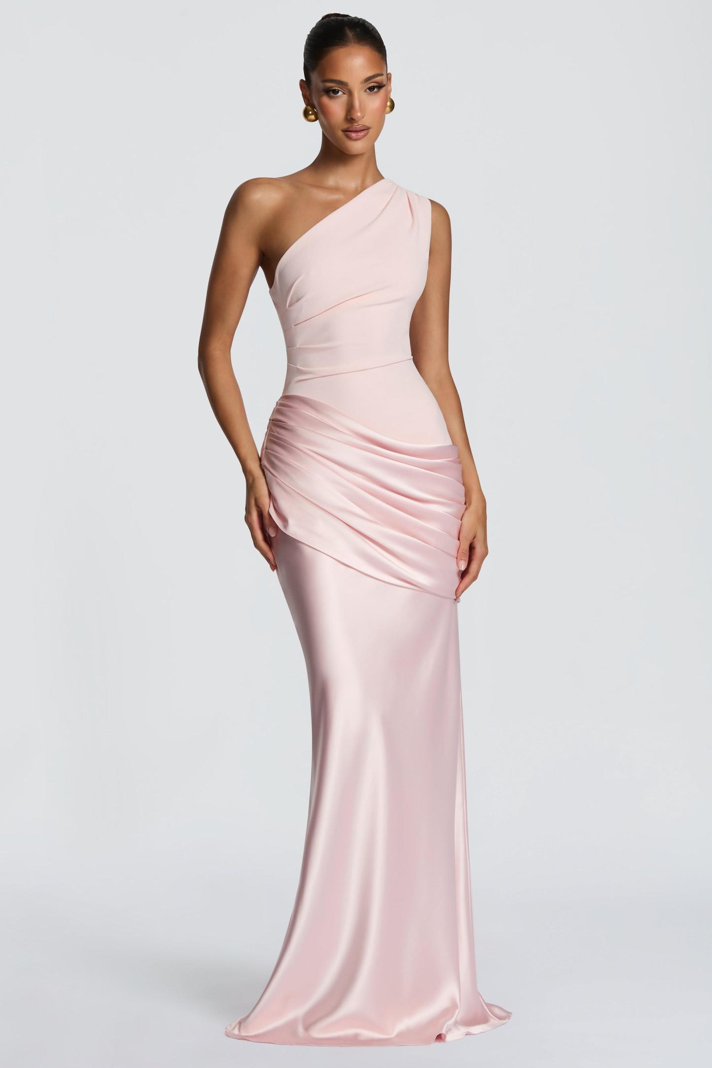 Satin Sleeveless One-Shoulder Maxi Dress