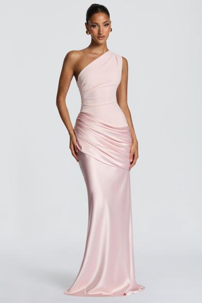 Satin Sleeveless One-Shoulder Maxi Dress