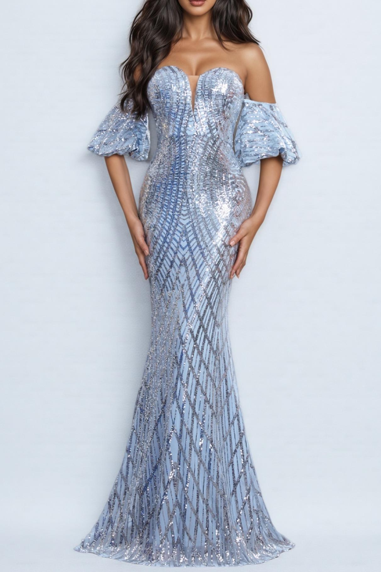 Sequin Off-Shoulder Puff Sleeve Maxi Dress