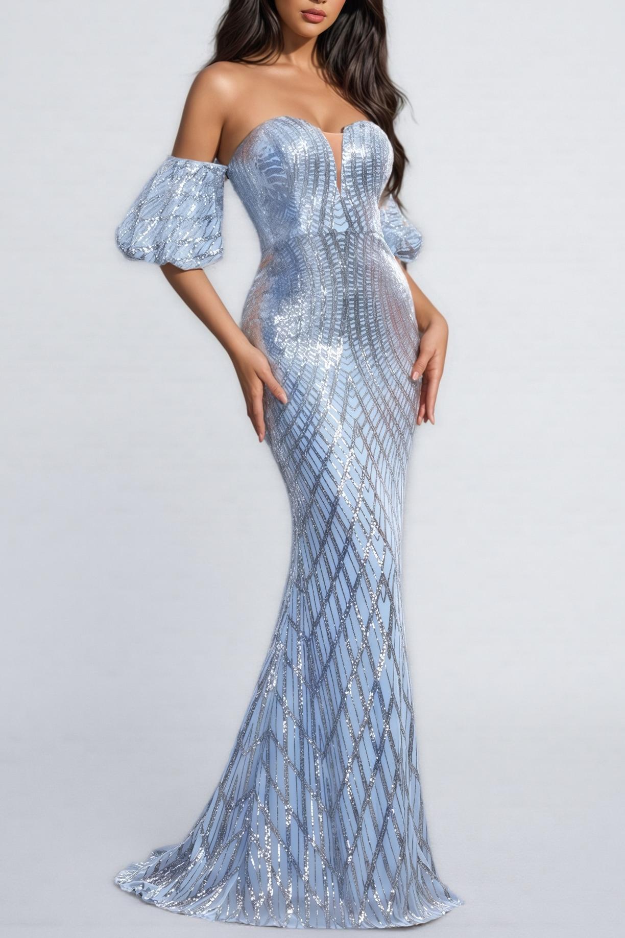 Sequin Off-Shoulder Puff Sleeve Maxi Dress