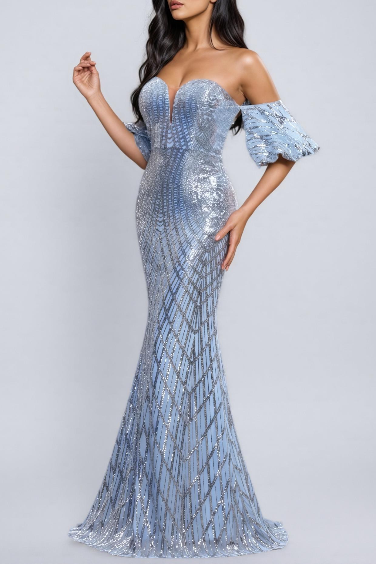 Sequin Off-Shoulder Puff Sleeve Maxi Dress